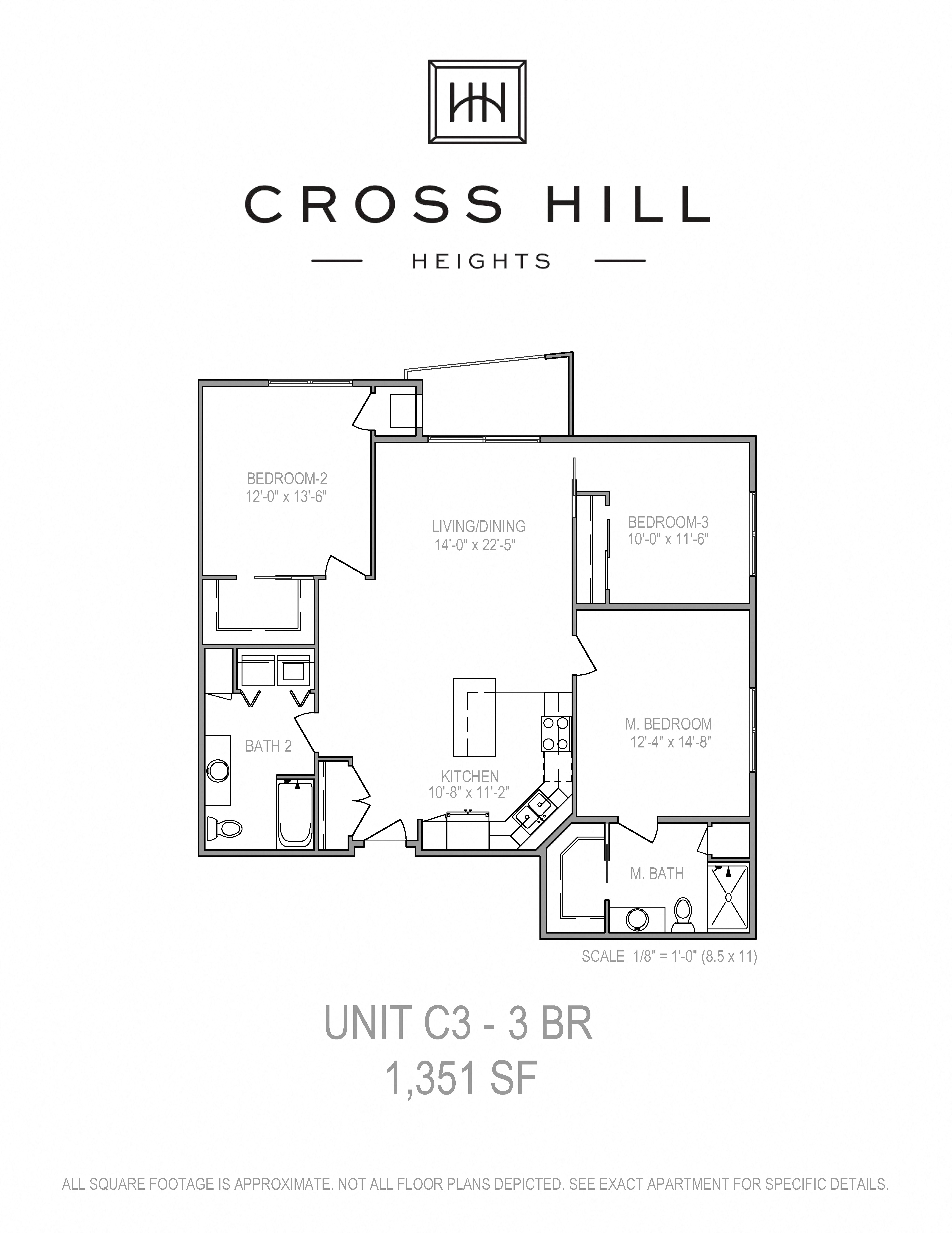 Floor plan for 3 beds, 2 baths, 1351 sqft